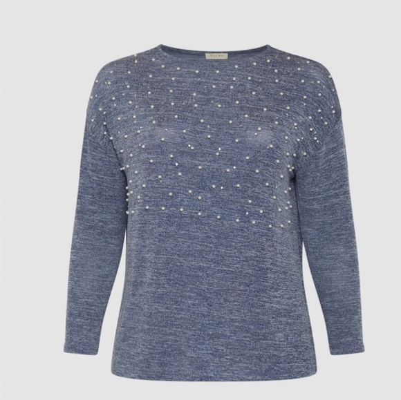 NWT 2X Laura long sleeve lightweight scoop neck summer blue pearl beaded top - Picture 2 of 12
